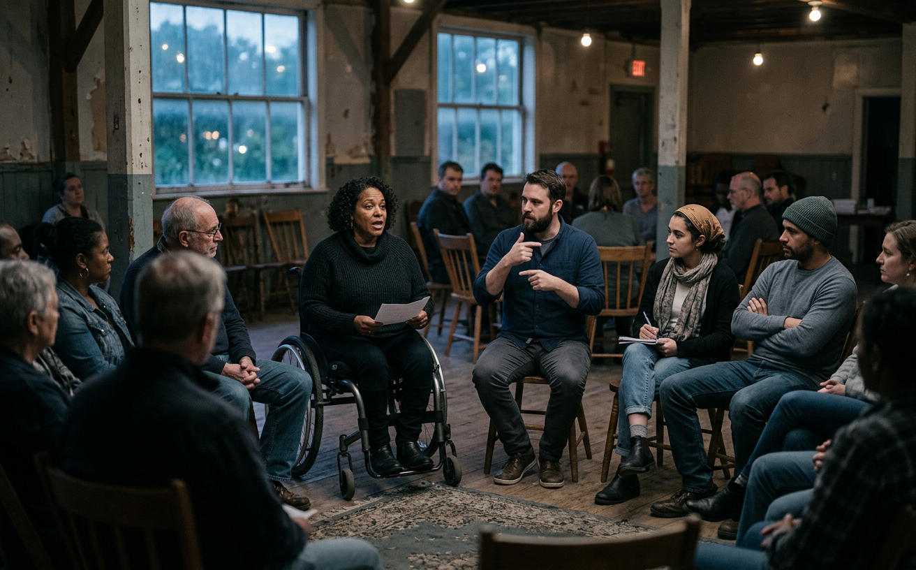 A community meeting in a village hall. A woman using a wheelchair is speaking while a sign language interpreter stands beside her and others listen.