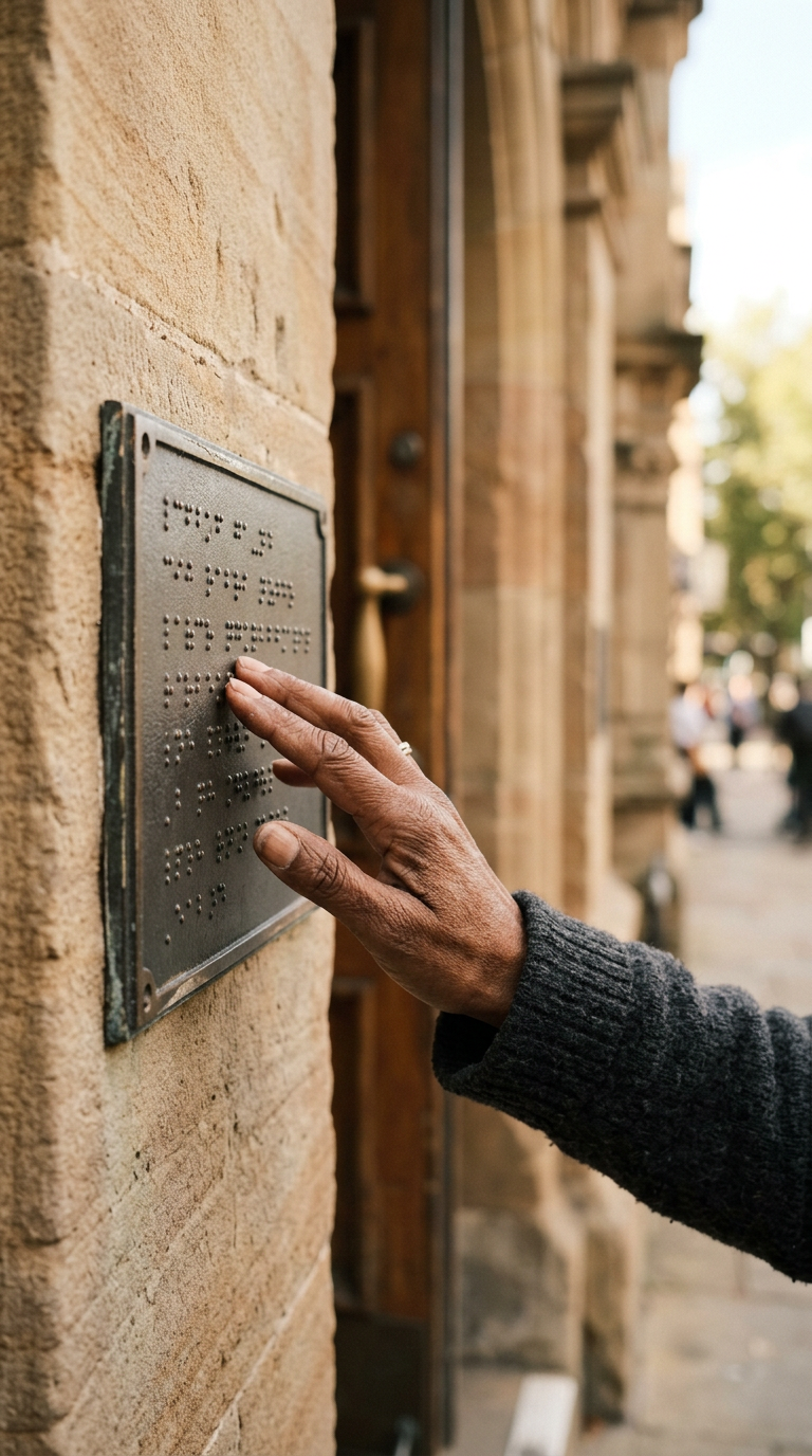 A hand reading a braille sign beside the entrance of a public building.